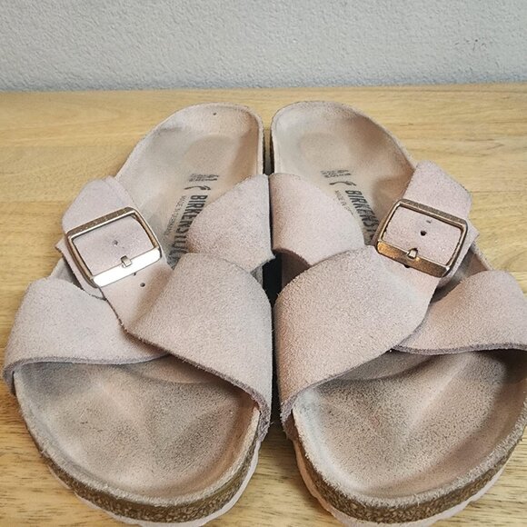 Birkenstock Sandals Womens Size 10 EU41 Pink Siena Big Buckle Suede Slides Cork - Picture 7 of 11